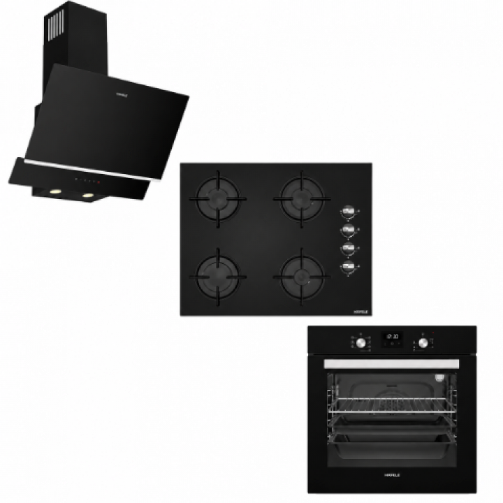 Hafele Luce Ankastre Set 5 | 60 cm Siyah Cam Ankastre Fırın + 60 cm Siyah Cam Gazlı Ocak + 60 cm Eğik Cam Davlumbaz