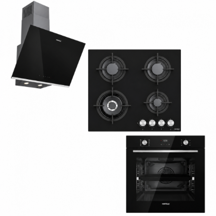 Hafele Orion Ankastre Set 7 | 60 cm Siyah Cam Ankastre Fırın + 60 cm Wok Gözlü Gazlı Cam Ocak + 60 cm Eğik Cam Davlumbaz