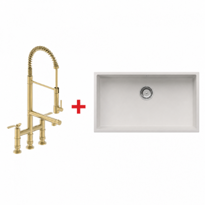 Hafele SILVA Beyaz Granit Eviye + LOFT Mat Altın Spiralli Mutfak Bataryası Seti