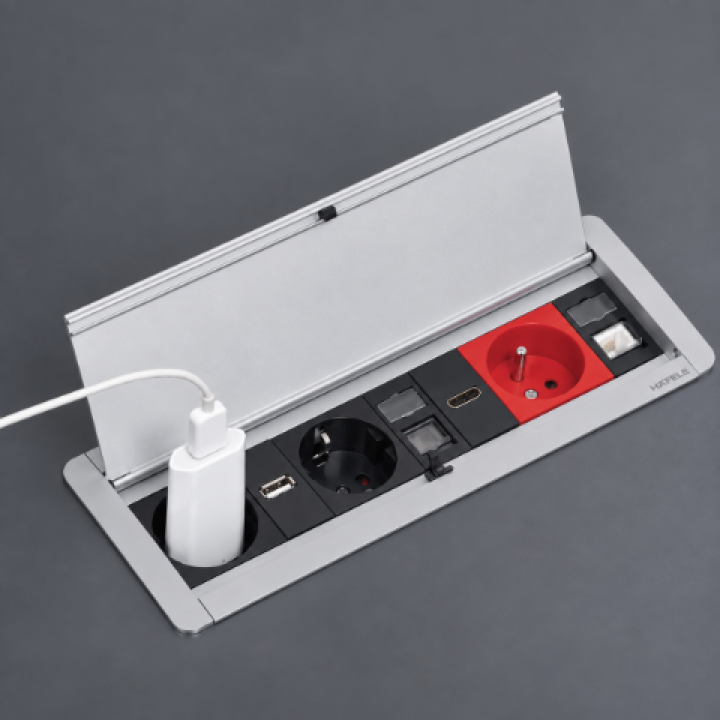 Hafele ODIN GRANDE Bas-Aç Priz Sistemi 2 x Priz + 1 x UPS + 1 x CAT6 + 1 x CAT3 + 1 x USB-A + 1 x USB-C + 1 x HDMI Mat Eloksal