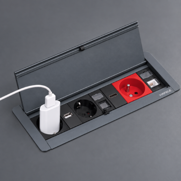 Hafele ODIN GRANDE Bas-Aç Priz Sistemi 2 x Priz + 1 x UPS + 1 x CAT6 + 1 x CAT3 + 1 x USB-A + 1 x USB-C + 1 x HDMI Antrasit
