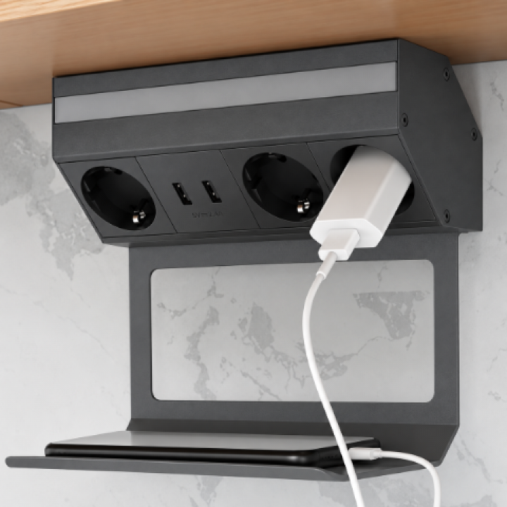 Hafele POWER SHELF Raflı Priz Sistemi 3 x Priz + 1 x USB-A + 1 x USB-C Antrasit