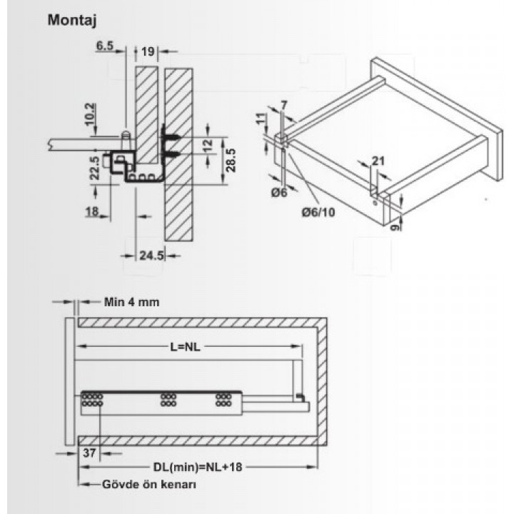 Hafele Matrix UM A25 Gizli Ray Tek Açılım Bas-Aç 300 mm