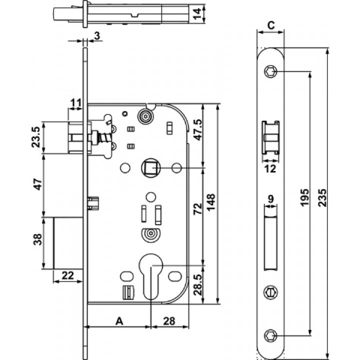 Hafele H50.07 Özel Metal Dilli Kapı Kilidi, Barelli (PC) 50/20mm Paslanmaz Çelik