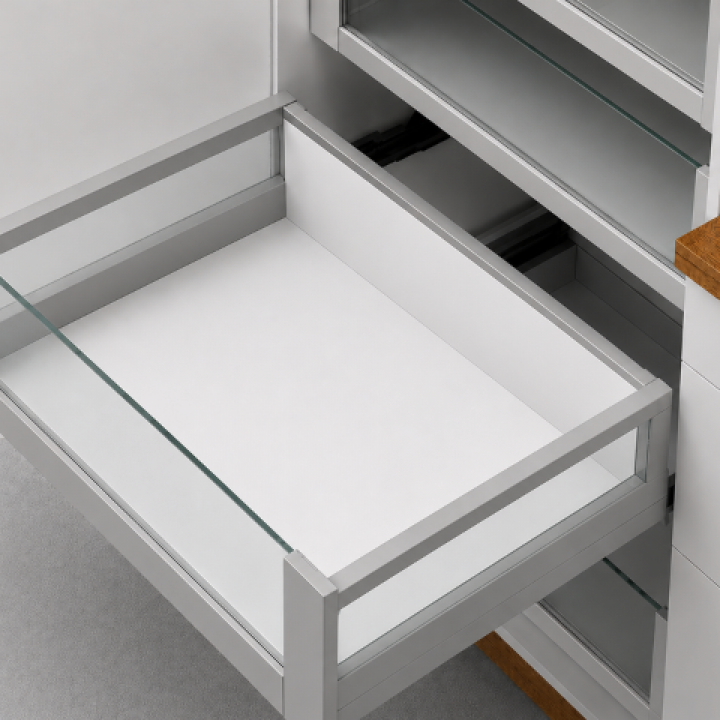 Hafele Matrix Box P Tam Açılım Raylı Kare Bordürlü Cam Ön Profilli İç Çekmece Seti Yavaşlatıcılı 450 mm Gri 900 mm Dolap Genişliği İçin