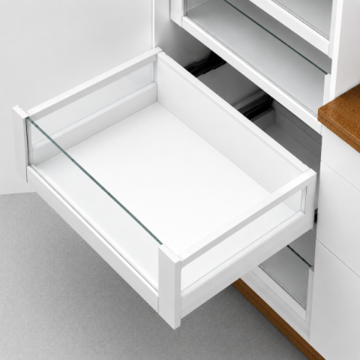 Hafele Matrix Box P Tam Açılım Raylı Kare Bordürlü Cam Ön Profilli İç Çekmece Seti Yavaşlatıcılı 450 mm Beyaz 1200 mm Dolap Genişliği İçin