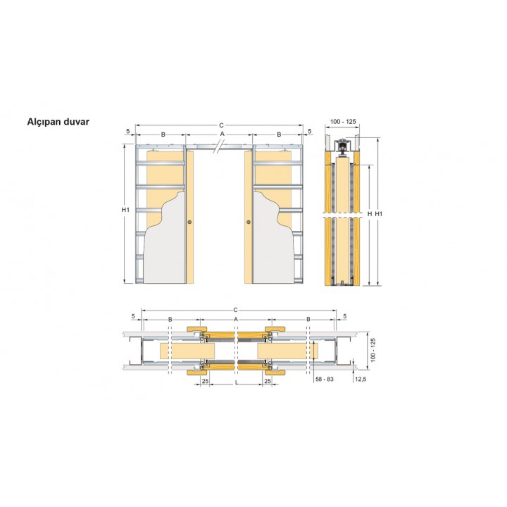 Hafele Unico Duvar İçi Çift Kanat Senkronize Kayar Kapı Sistemi 850+850x2100 mm