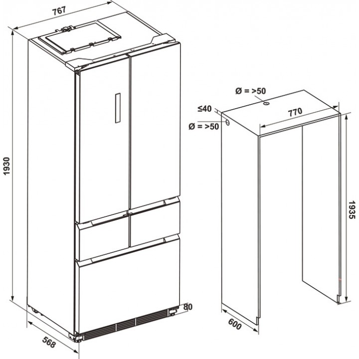 Hafele Cosmo Buzdolabı Yarı Ankastre, 4 Kapılı No-Frost 413 L 75 cm İnox